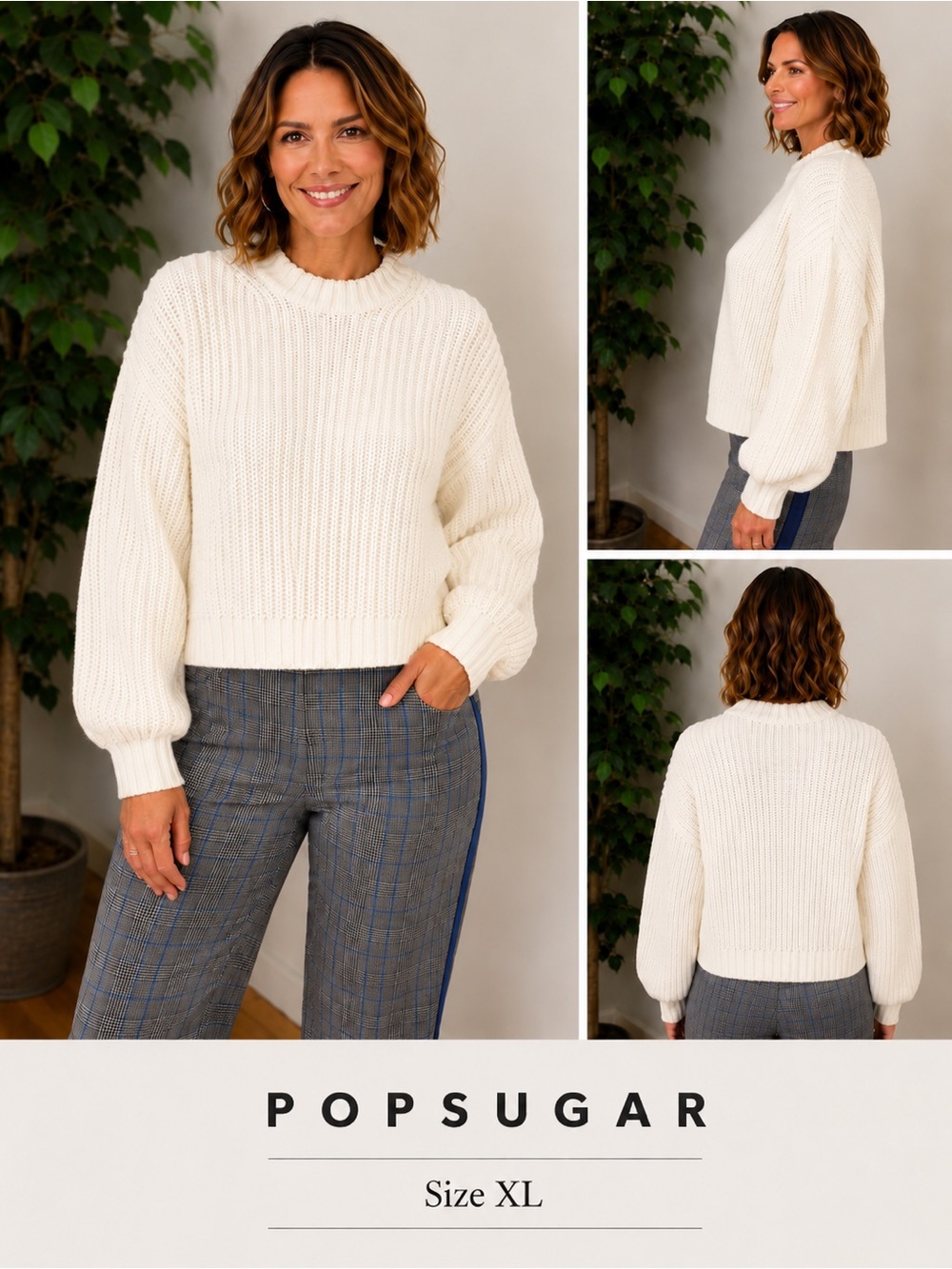 POPSUGAR Chunky Knit Cropped Sweater Size XL Cream Balloon Sleeve Cozy Pullover